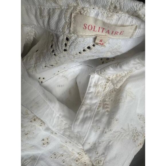 Solitaire Women Denim Dress S White Floral Belted Short Sleeve w/ Pockets - Picture 14 of 16